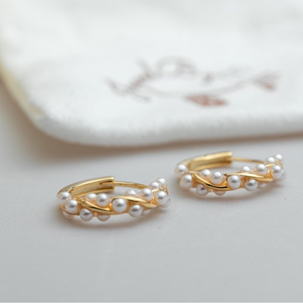 Elegant Gold Plated Hoop Earrings with Pearl Inlays - Picture 9 of 9